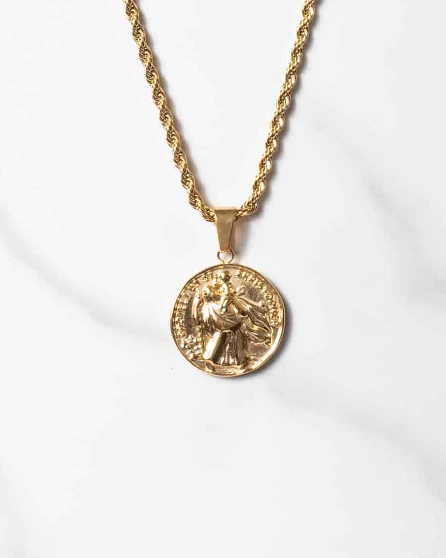 Saint Christopher Guld hängsmycke med Cordell kedja, Herrhalsband i 18k guldplätering – guldsmycke i rostfritt stål från KAGAMI